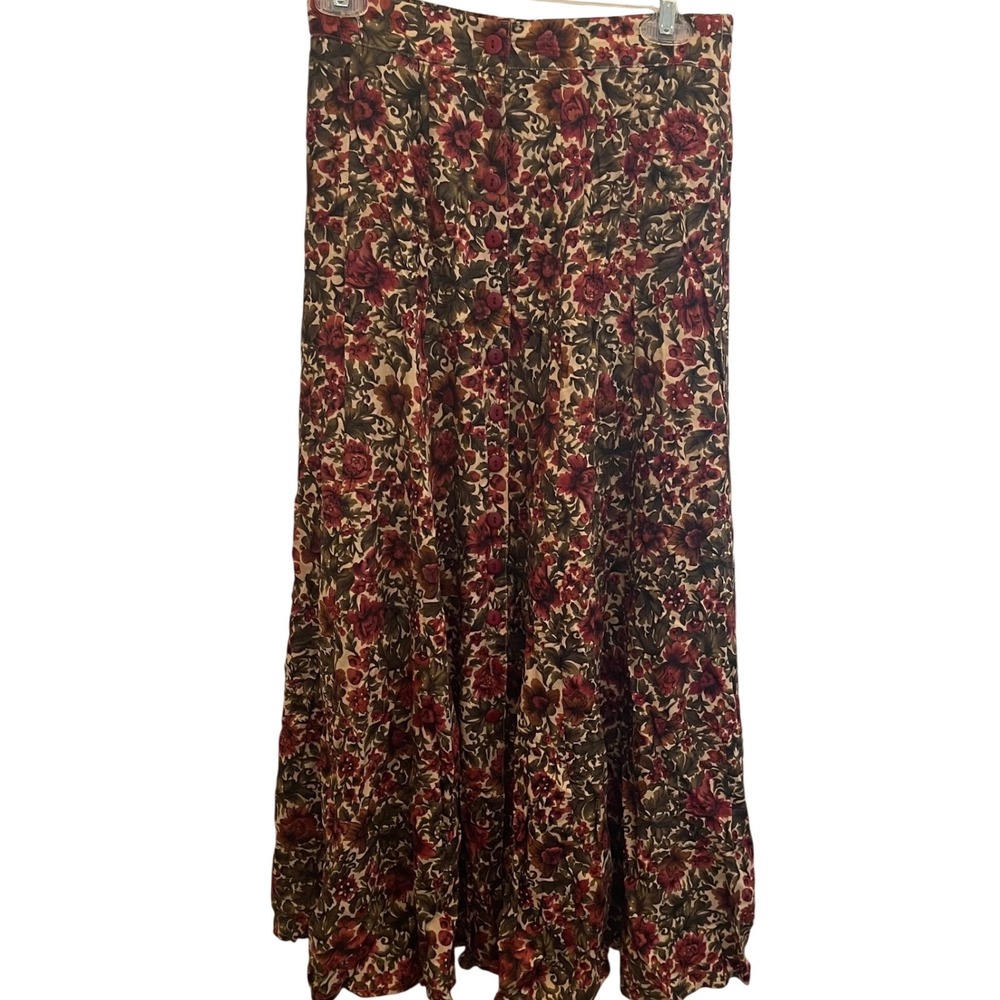 Vintage Express Floral Rayon Button Front Maxi Skirt M Cottagecore Forest